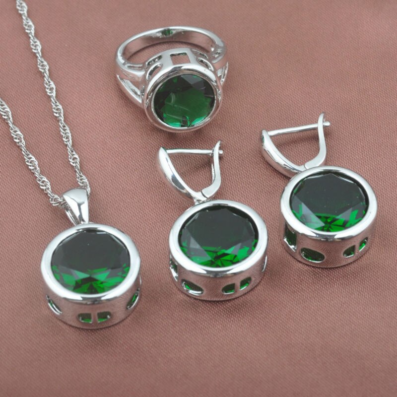 Vrouwen Bruiloft Sieraden Sets Ronde Green Zirconia Hanger Ringen Zilveren Kleur Ketting En Oorbellen Set Top Sieraden TZ0370