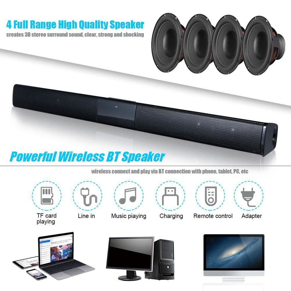 Bluetooth 4.0 Wireless 20W Sound Bar Stereo Hifi Soundbar Home Theater Surround Sound System Slim TV Speaker TF FM AUX Radio