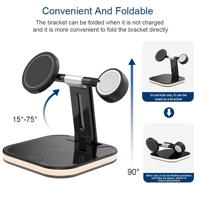 3in1 Foldable Magnetic Wireless Charger For Magsafe iPhone 12 Pro Max Mini/Airpods Pro 15W Fast Charging Station For Apple Watch