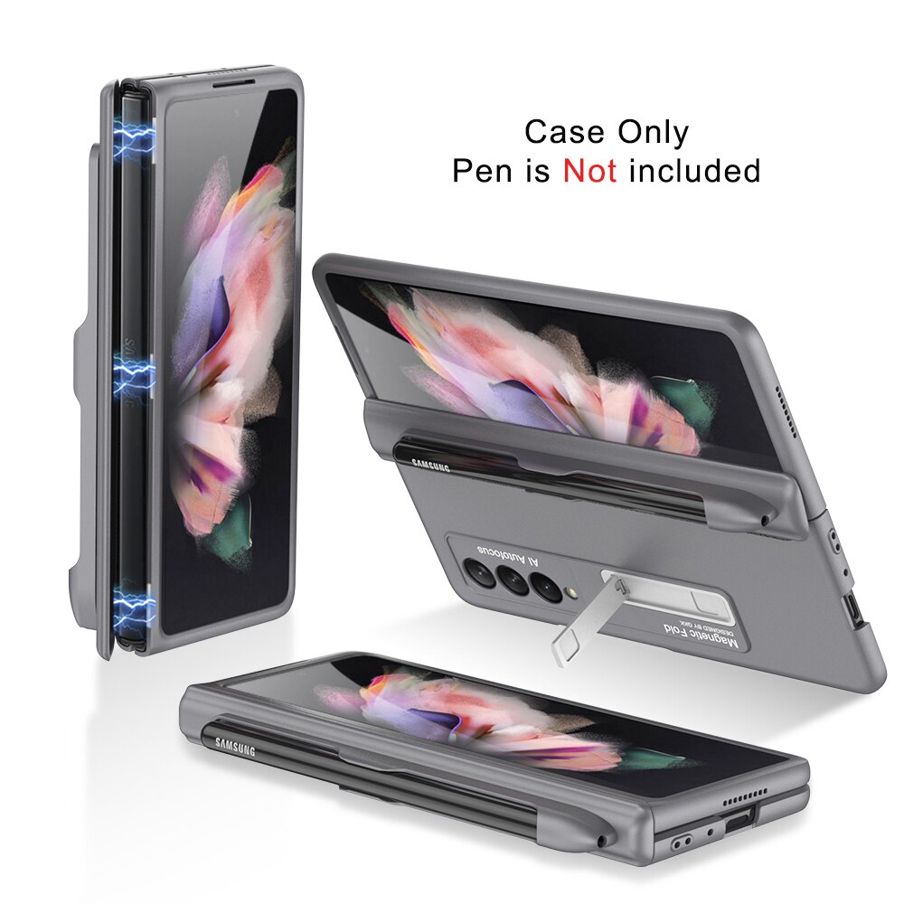 Magnetische Kickstand Pen Slot Telefoon Case Voor Samsung Galaxy Z Fold3 Vouw 3 5G Magnetische Fold Scharnier Case Armor shockproof Hard Cover: gray case only