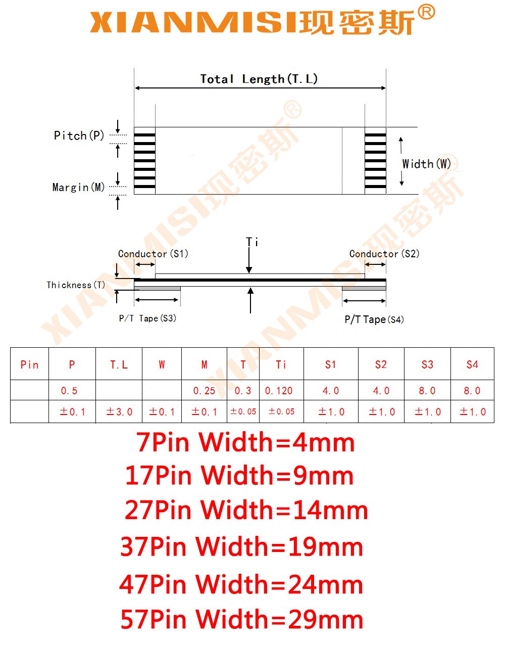 Cable flexible plano FFC/FPC, 7 pines, 17 Pines, 27 Pines, 37 pines, 47 Pines, 57 Pines, mismo lado, 0,5mm, paso AWM VW-1, 20624, 20798, 80C, 60V, longitud 8cm, 5 uds.