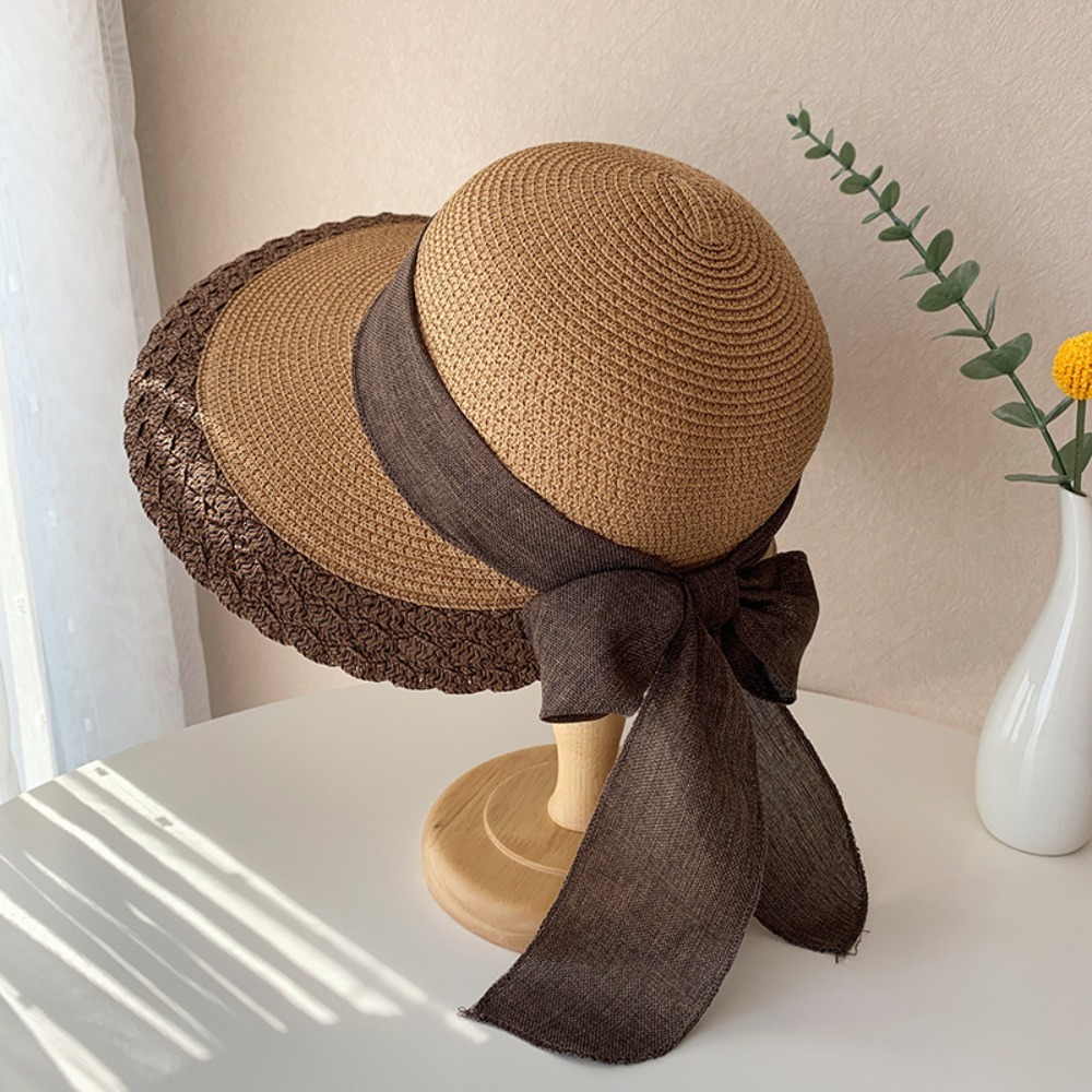 Cappello da Spiaggia in Paglia Intrecciata - Cappello da Pescatore Pieghevole con Fiocco - Cappello di Paglia Intrecciata a Tesa Larga - Escursionismo all'aperto: Nero