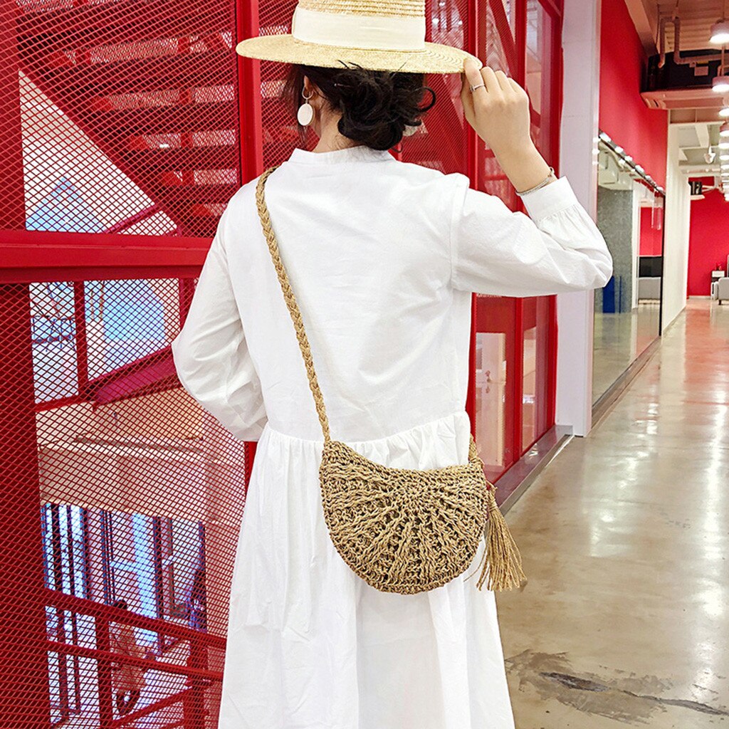 Bolsa para damas tejido bolsa de paja para playa verano Mujer círculo mano Bali redondo Retro de mimbre bolso versátil bolsas # G67: I