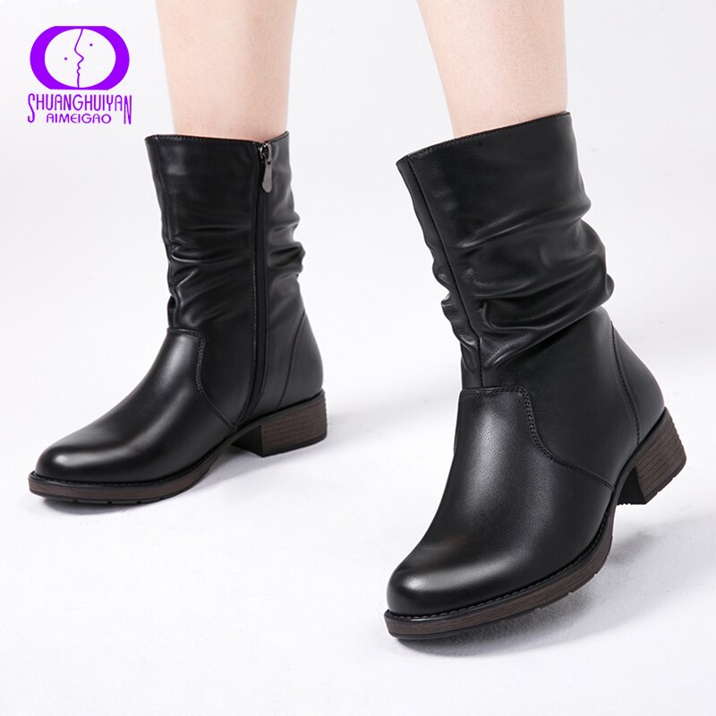 AIMEIGAO-Botas plisadas clásicas de lana para mujer, zapatos de cuero suave con cremallera, protección de trabajo ligera, impermeables, para invierno