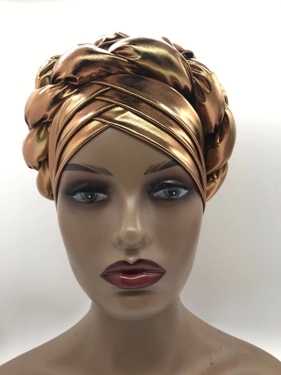 Trendy Gitter Braid Turban Caps for Women African auto gele headties Female Head Wraps Muslim Hijab Bonnet Beanie