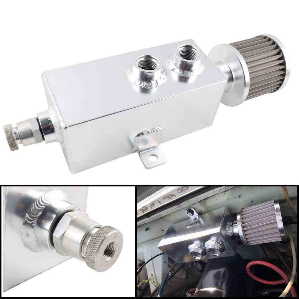 1L Aluminum Baffled Oil Catch Can 10AN Reservoir Tank 2 Port + Filter +Drain Tap
