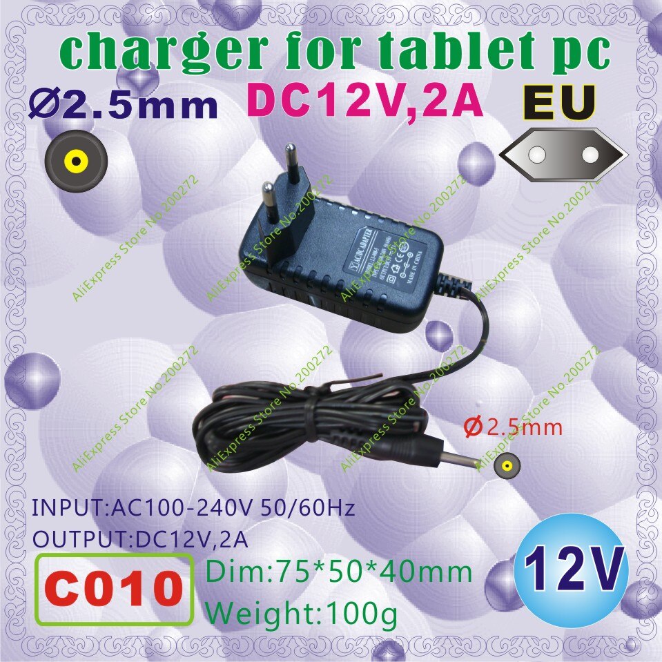 2 stks [C010] D2.5mm/12 V, 2A/EU stekker (europa Standaard); Lader of adapter voor tablet pc; mobiele telefoon; e-book; mp3; dvr