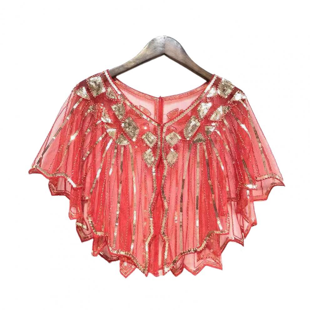 Scalloped High Beaded Sequin Short Top Women Cape See-through Women Shawl Decorative Women Accessories: Red  Golden
