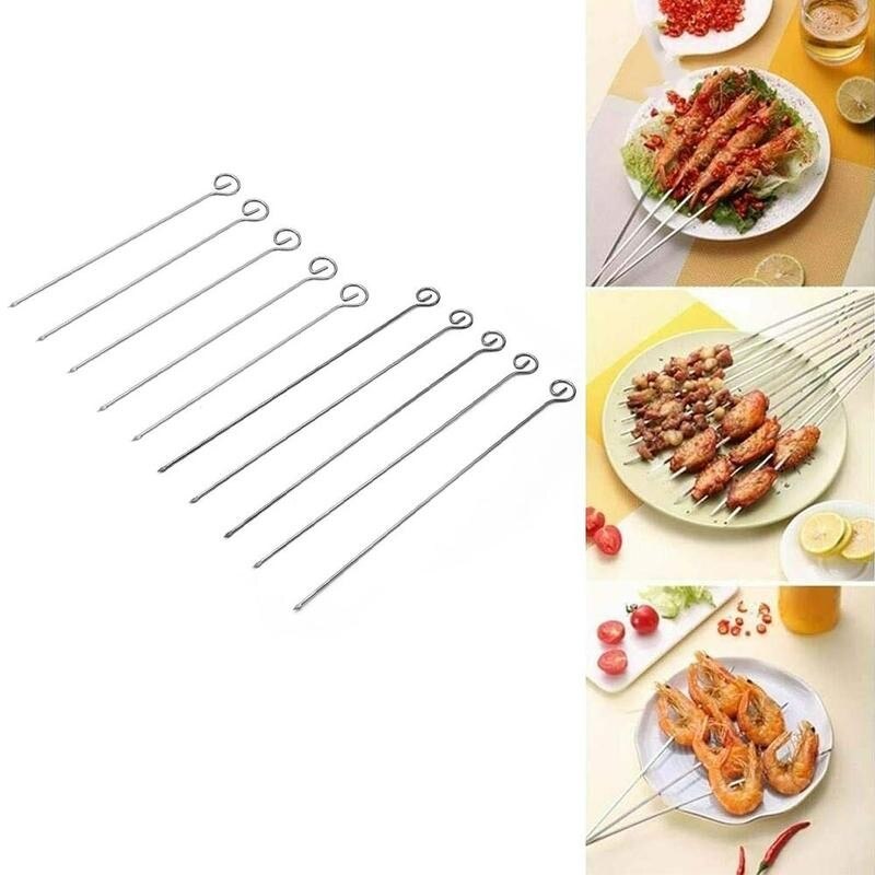 10 stk bbq kød gås rundstegt spyd pind rustfrit køkkenredskab udendørs nåleredskaber camping grill stål picni  g6 v 8