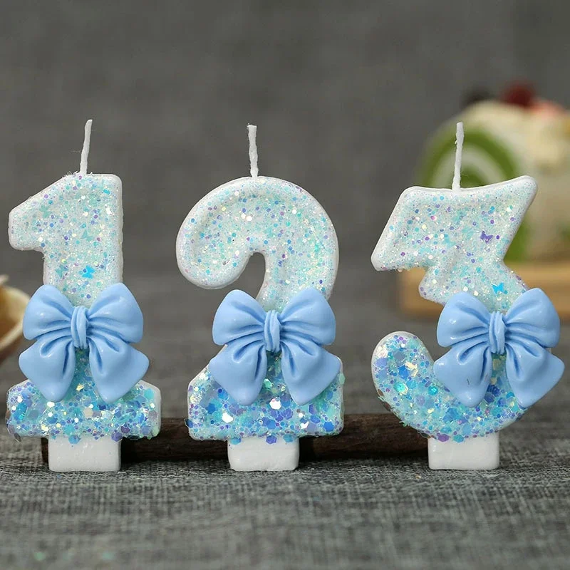 Verjaardagskaars met cijfer 0 1 2 3 4 5 6 7 8 9 blauwe strik taartkaars decoratie feesttaart topper decoratie jubileum decoratie