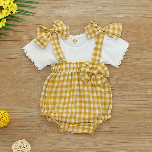 Baby Meisje Kleding Wit Korte Mouw O-hals T-shirt Tops Geel Strik Plaid Sling Korte Overall Bib Broek Kleding Outfit