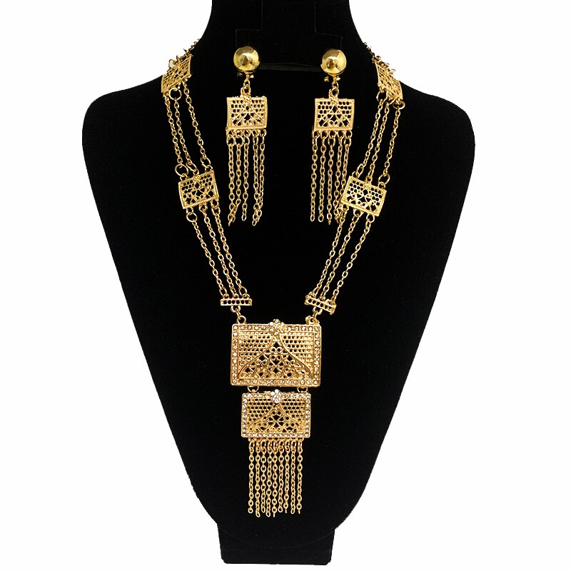 Dubai Saudi Arabia Gold Jewelry Sets for Women Luxury Tassels Bridal Jewelry Sets Geometric Necklace Muslim Sets