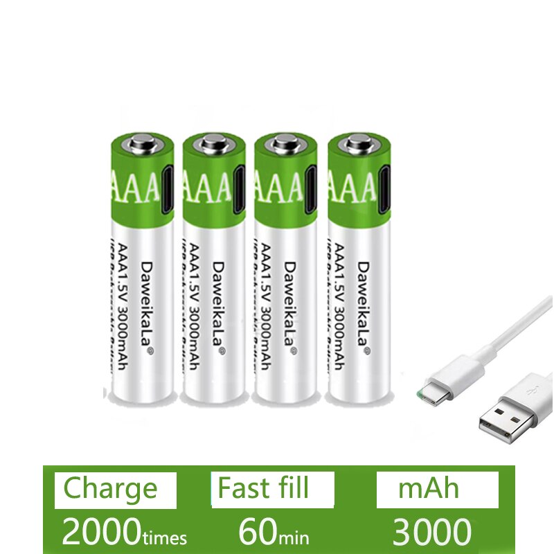 Daweikalausb Aaa Oplaadbare Batterijen 1.5V 3000 Mah Li-Ion Batterij Voor Afstandsbediening Mouseelectric Speelgoed Batterij + Type-C kabel