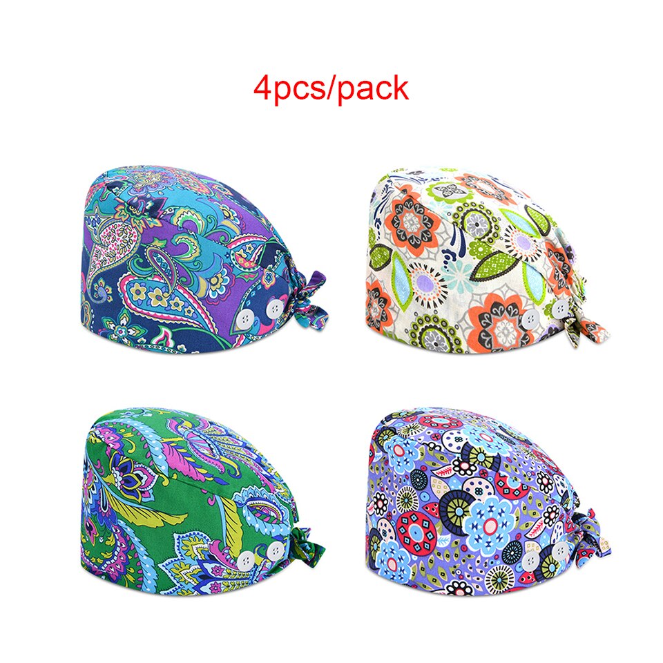 Unisex Adjustable Working Nurse Hat Bouffant Sanitary Cap Women Scrub Cap with Button Sweatband Cotton Nursing Caps Floral Print: Type C