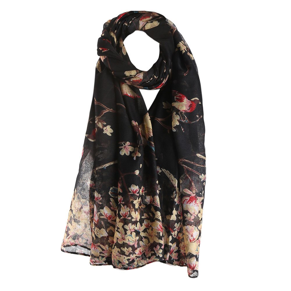 Ladies Scarf Floral Bird Printed Women Long Scarf And Shawl Female Hijab Bufanda Mujer#H15: Black