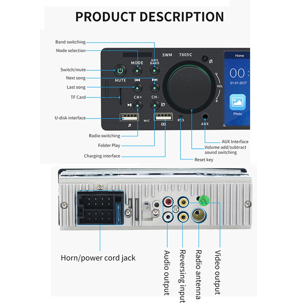 Radio con pantalla táctil para coche, reproductor MP5 de audio y vídeo, tarjeta TF, USB de carga rápida, 1 Din, 4,1 pulgadas, ISO, mando a distancia, unidad central de iluminación multicolor, 7805C