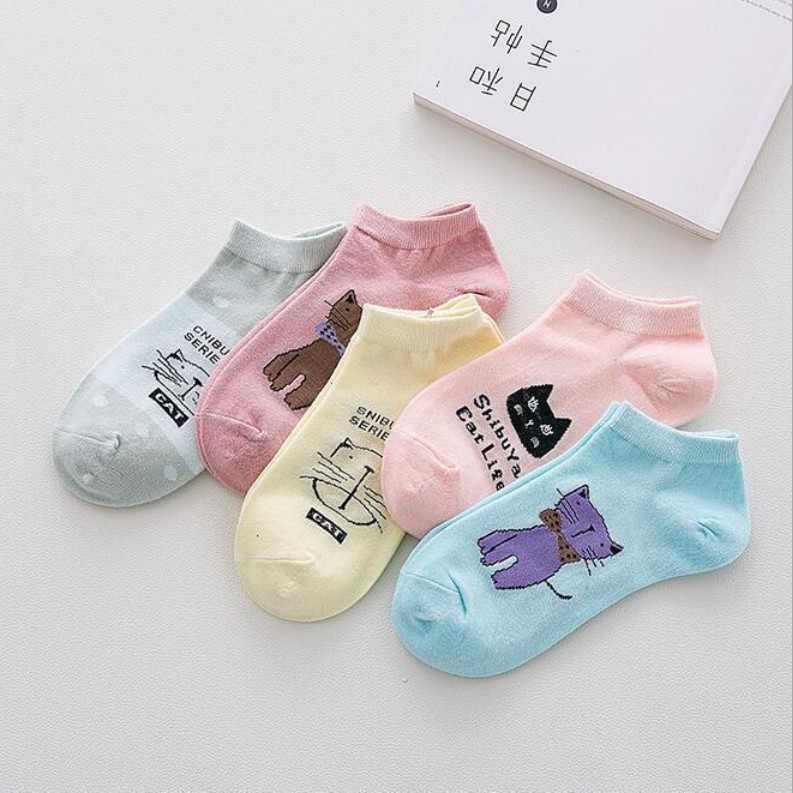Calcetines tobilleros con de gato para Mujer, medias cortas con dibujos de animales, coreana, Kawaii, informal, 5 pares