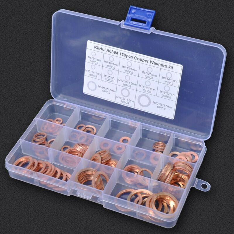 Rondelles d'écrasement en cuivre massif joint d'étanchéité joints toriques plats Kit d'assortiment boîte