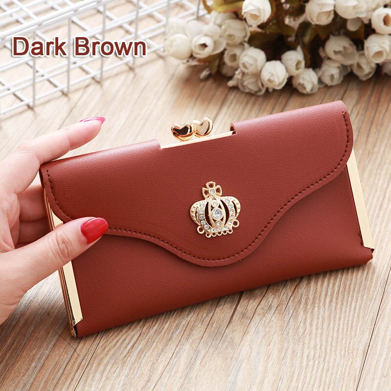 Women Crown Wallets Hasp Lady Purses Girls Moneybags Clutch Woman Handbag Wallet Cards ID Holder Long Purse Bags Billfold Clips: Dark Brown