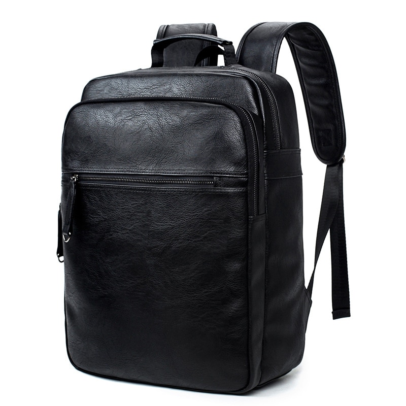 2Solid Colors Male PU Leather Laptop Bag 3 Layed Solid Large Capacity Handlebag Embossing City Jogging Leisure Backpack: Black