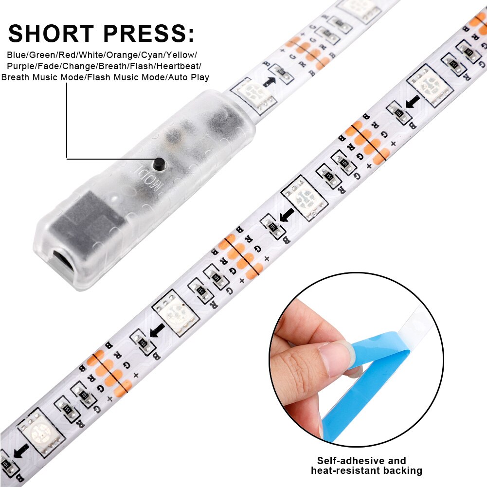 Juego de tiras de luces LED RGB de 2m, cinta de luces impermeables para música, luces de colores cambiantes con cable con mando a distancia para dormitorio, hogar, TV,
