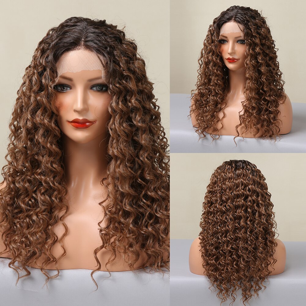 LOUIS FERRE – perruque Lace Front Wig synthétique brun ombré 13*1 T, perruque mi-longue, Deep Curly, résistante à la chaleur pour femmes claires: BL66053-2