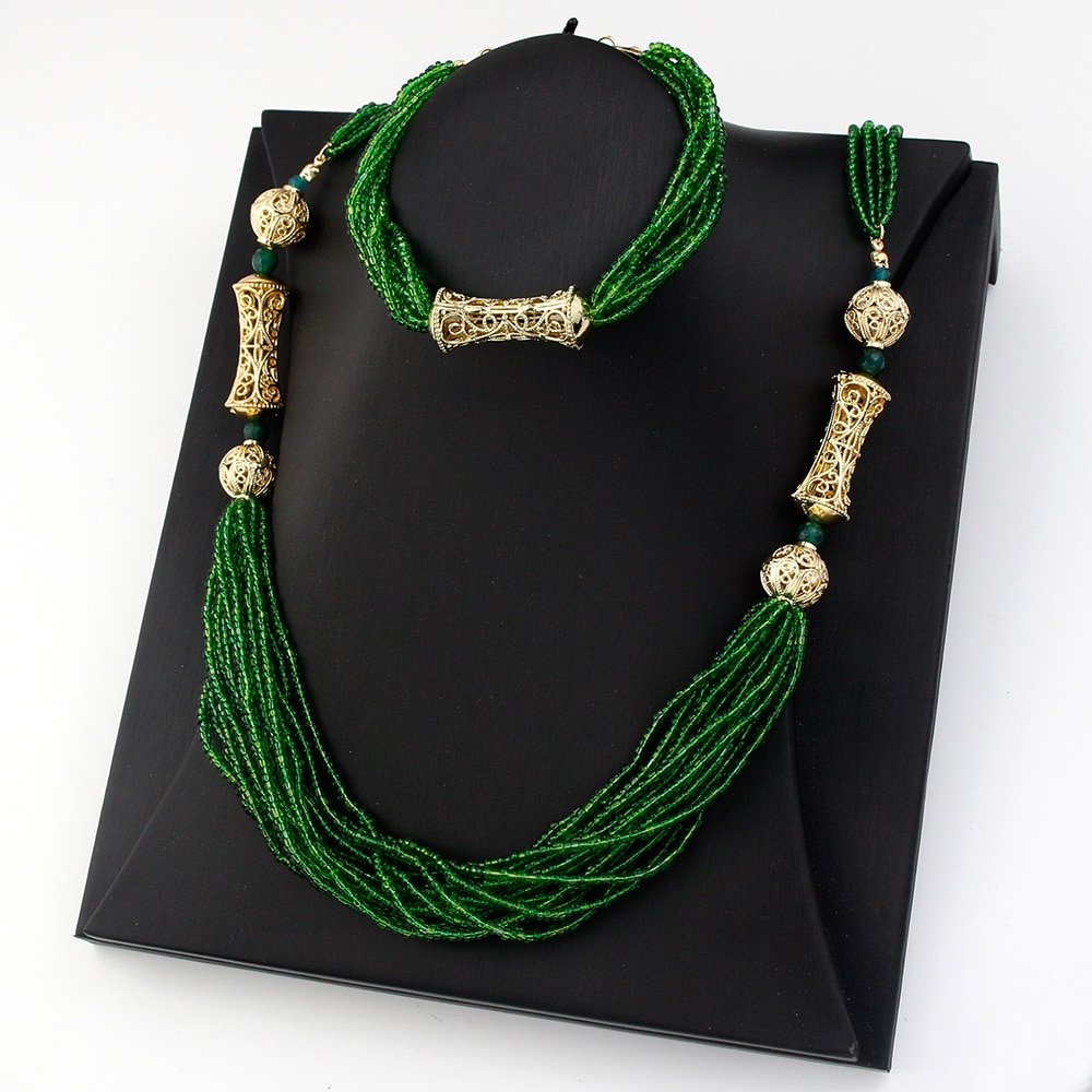 Sunspicems smarte marokkanske perler halskæde armbånd sæt håndlavede gyldne perler birde smykker til kvinder algerien kaftan bijoux: Sunsllnk 03 usl 02 grøn