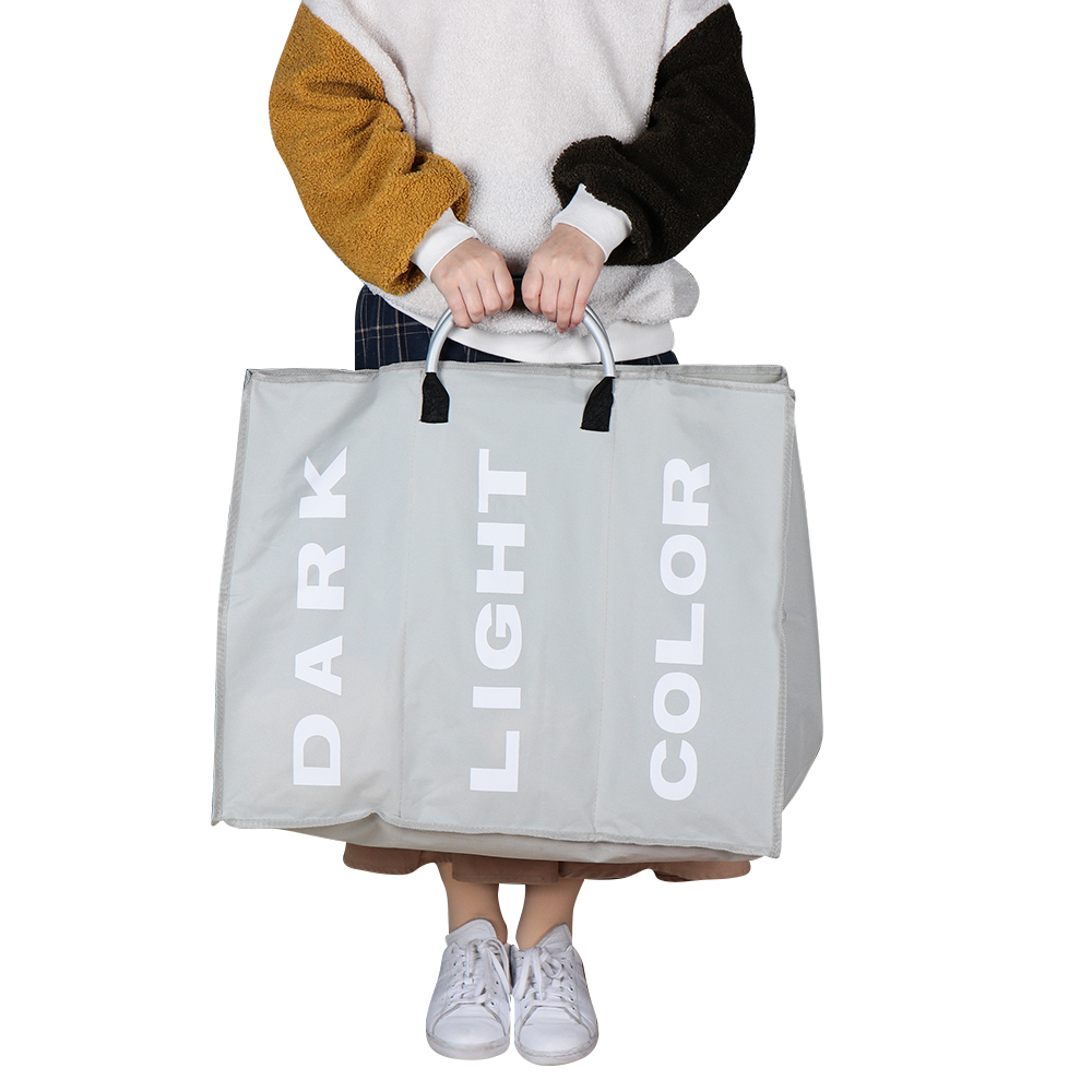 Opvouwbare wasmand, grote wasmand, 3 -delige sorteermand, oxford-doek tas voor vuile was met aluminium handvat: Lichtgrijs