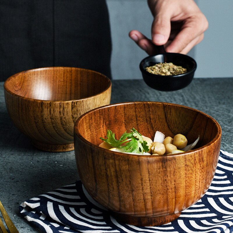 Cuenco de madera japonés para sopa, cuencos grandes de arroz, utensilios de madera, vajilla de cocina, cuenco de servicio para comedor, cuenco de madera para ensalada de frutas y comida, 2/4 Uds.