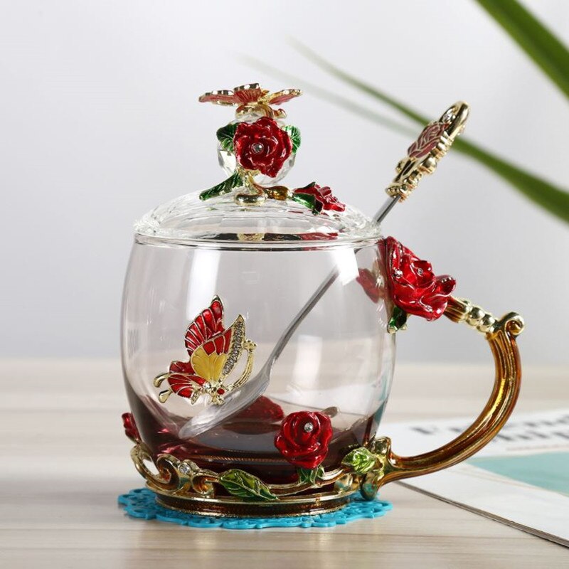 Enamel Glass Cup Tea Water Coffee Cup European Style Crystal Rose Flower Mug With Handle Lid Spoon Drinkware