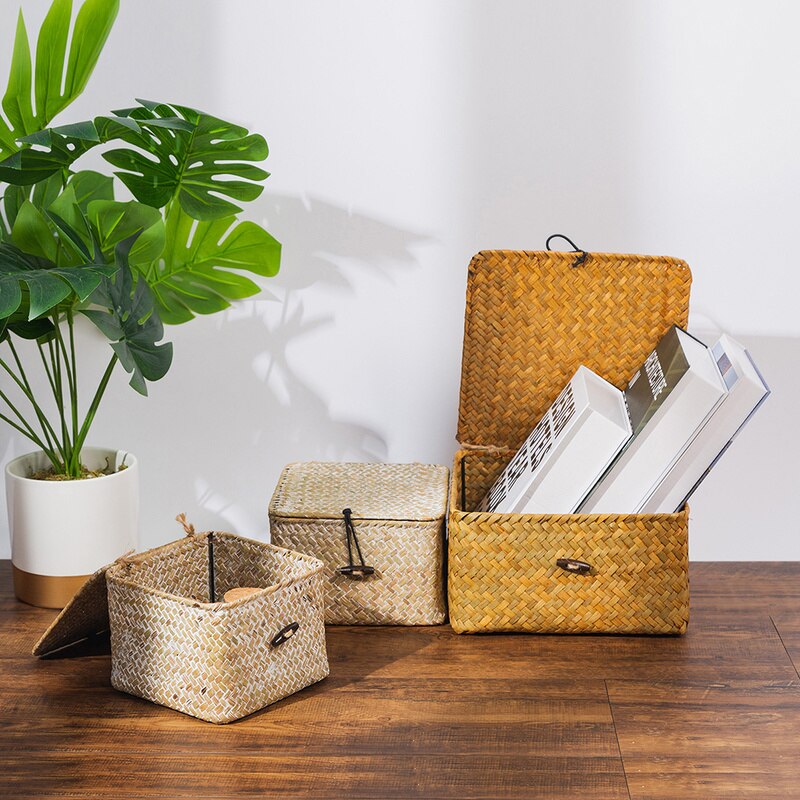Seagrass Storage Box with Lids Rattan Storage Baskets Handwoven Makeup Jewelry Wicker Boxes for Home Office Organizer