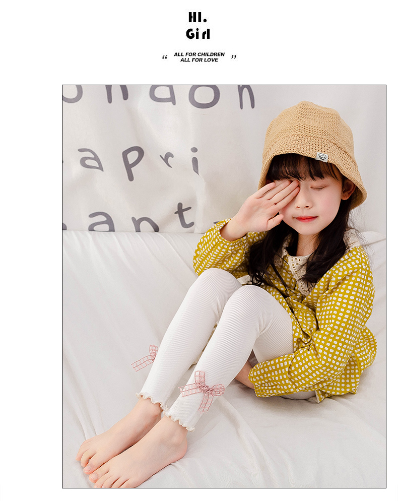Cute girl hollow bow knot orecchie di legno pantaloni a nove punte primavera e autunno leggings slim per bambini a sezione sottile verticale sottile