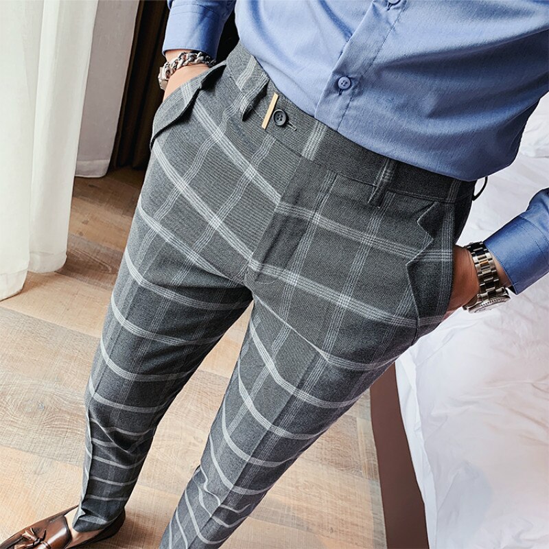 Costume à carreaux pour Homme, pantalon classique Style britannique, robe d'affaires, à la , coupe cintrée, bureau, Costume Social, décontracté