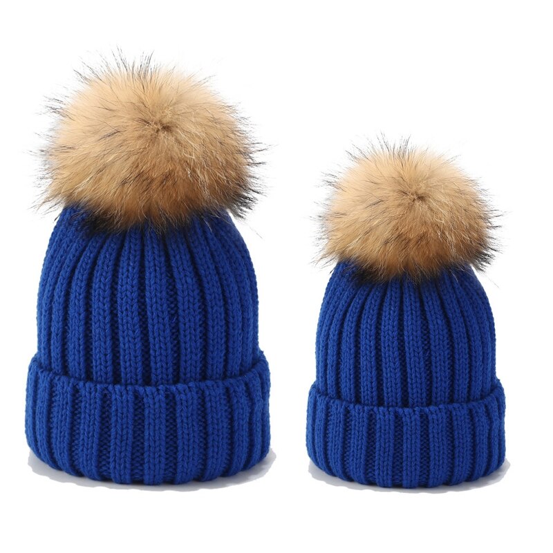 2 stuks gebreide mutsenset voor ouder en kind, wintermuts met pompon en doodshoofd: Blauw