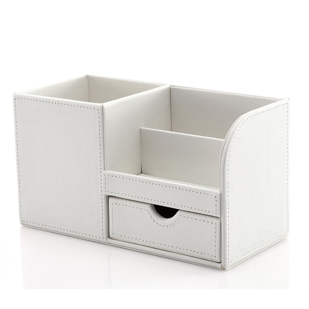 XRHYY White 3 Storage Compartments PU Leather Office Desktop Organizer Stationery Box Collection Business Card/Pen/Pencil