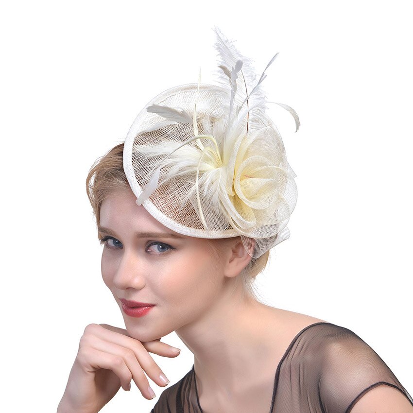 WELROG – chapeau tendance pour femme, chapeau, plume, gaze, maille solide, épingle à cheveux, pour fête, mariage, ruban: Beige