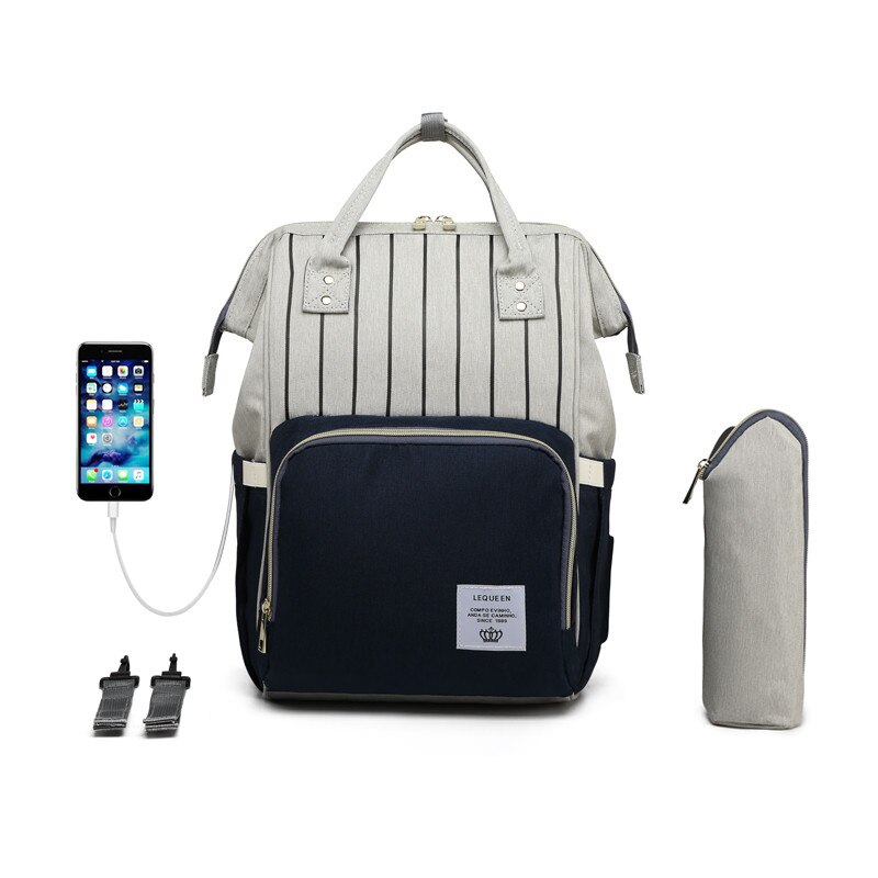 LEQUEEN Large Capacity Nappy Bag Maternidade Nursing Bag Summer Striped Colorful Diaper Bag for Baby Diaper Mummy Backpack: Blue USB