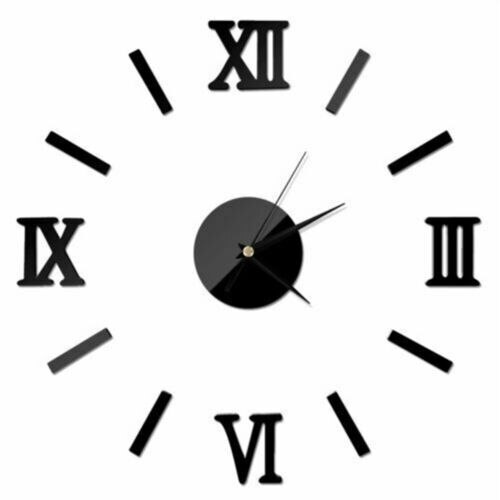 Modern DIY Number Wall Clock 3D Mirror Surface Sticker Home Decor Art Giant Wall Clock Watch With Roman Numerals Big Clock: black