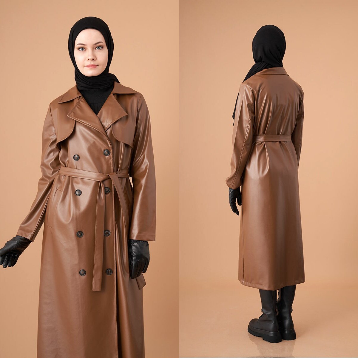 musulmana-gabardina larga de piel sintética con doble botonadura para mujer, cinturón, prendas de vestir, ropa islámica,