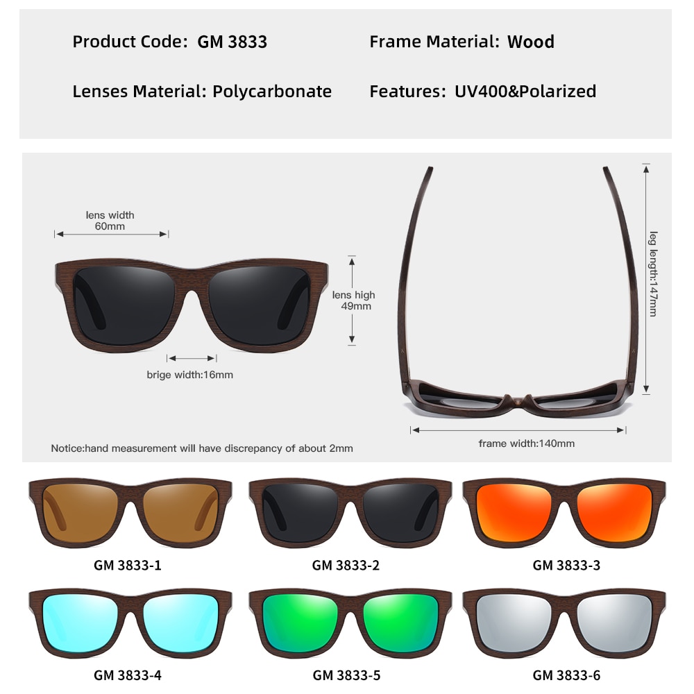 Gafas de sol polarizadas de madera de bambú a la Retro GM, gafas de sol de estilo cuadrado para conducir, gafas masculinas UV400, de para hombres y mujeres