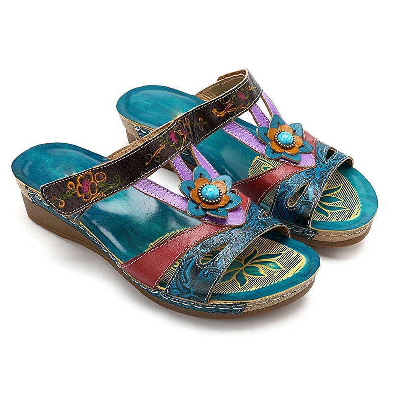 Pantoufles à bout ouvert pour femmes, sandales ethniques avec fleurs et vent, rétro bohème, babouches pour la plage, grande taille, collection été, décontracté