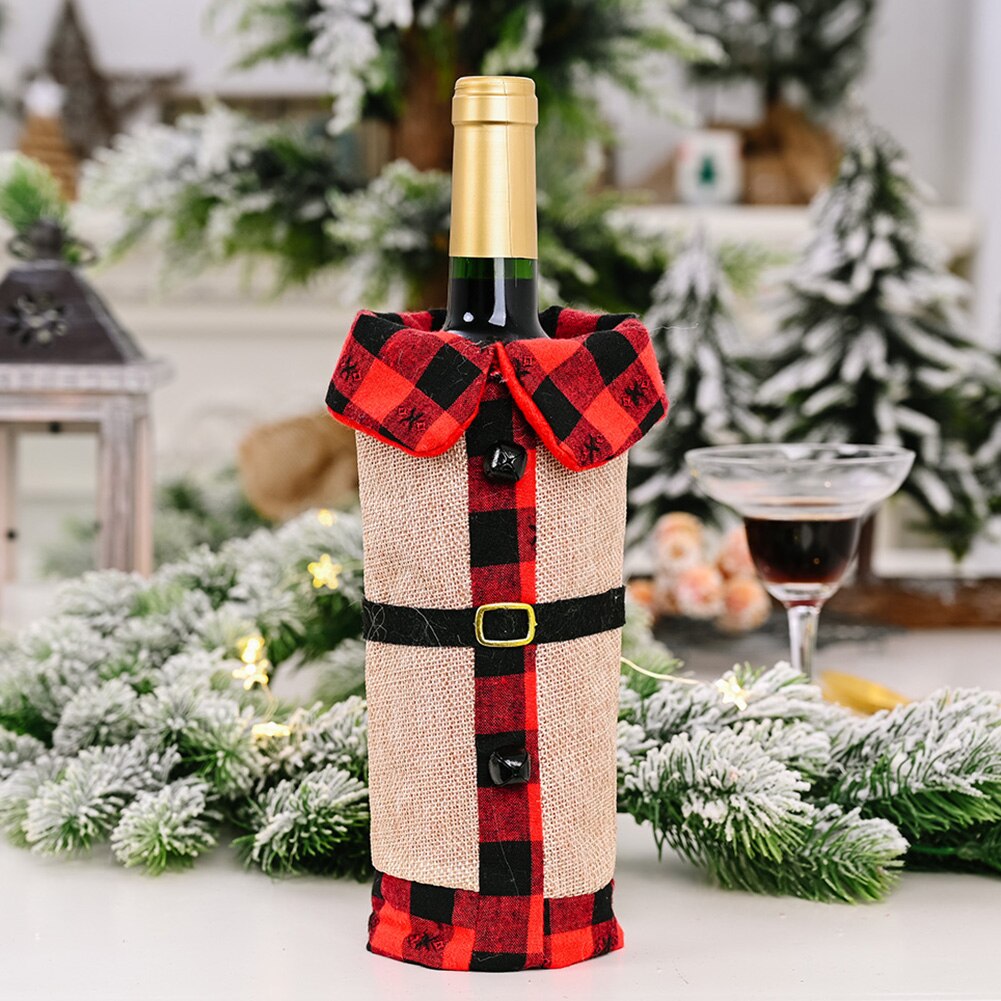 Wzór w kratkę z tkaniny święty mikołaj garnitur pokrowiec na termofor robić szampana worek robić pakowania świąteczny obiad dekoracja stołu