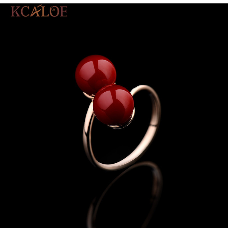 KCALOE Adjustable Ring Cute Double Ball Red Artificial Coral Rings For Women Open Rose Gold Ring Anelli Donna Bagues Pour Femme