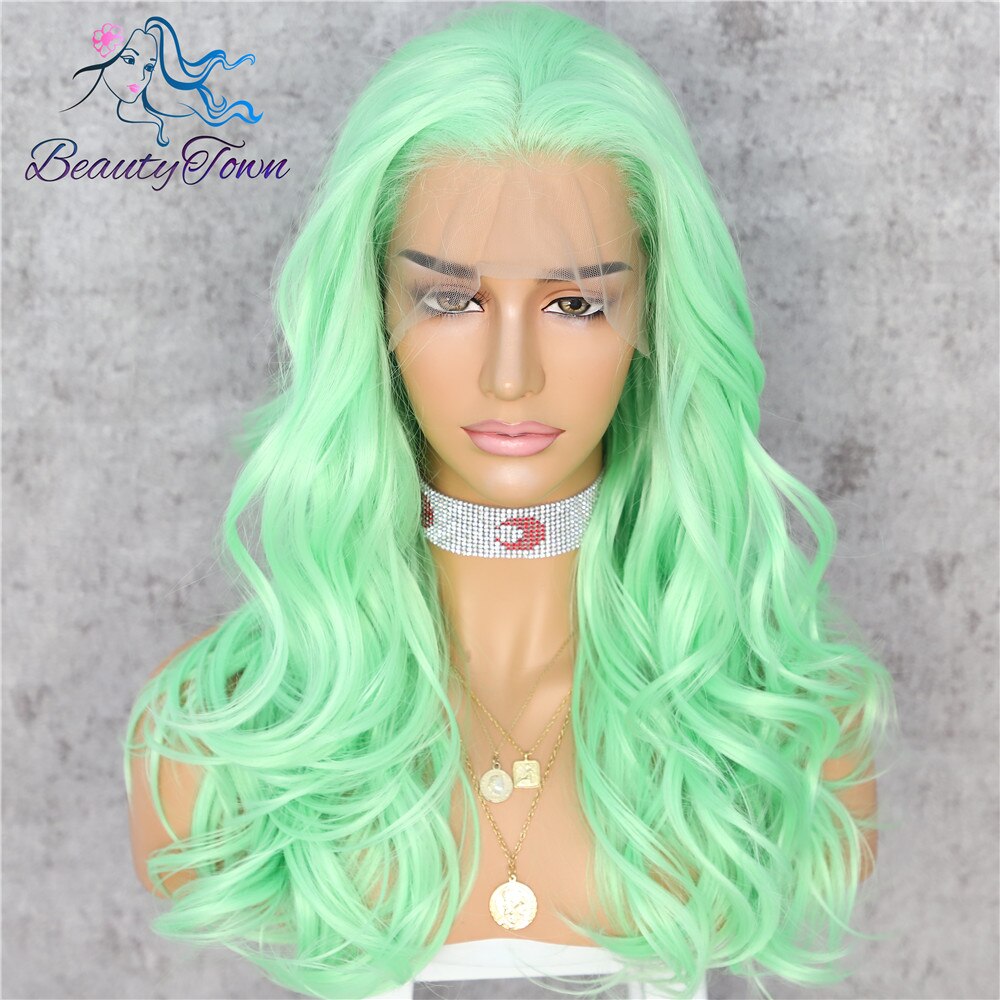 BeautyTown Onda Verde claro resistente al calor Drag Queen Blogger maquillaje mujeres presentes boda peluca frontal de encaje sintético: Default Title