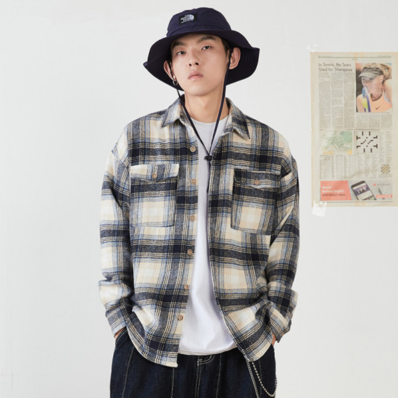 Autumn Winter Men&#39;s Square Plaid Multi-pocket Japanese Flannel Long-sleeved Shirt Classic Harajuku Style Office Men Work Tops