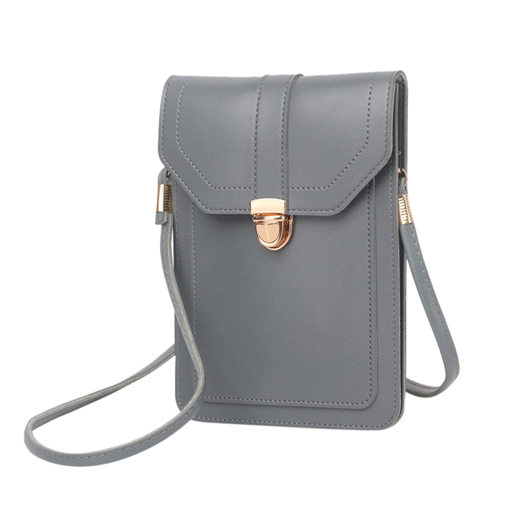 Sac en cuir pour Mini téléphone portable | Sacs à bandoulière, avec arrière latéral, fenêtre transparente pour écran tactile: Gray 