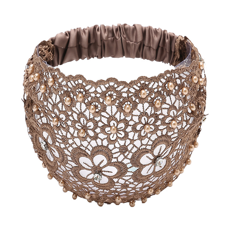 Blomsterhårbånd med perler i blonde - hult hårbånd i polyester med strikk - hårtilbehørsett med pynt - mønster ensfarget co: Khaki