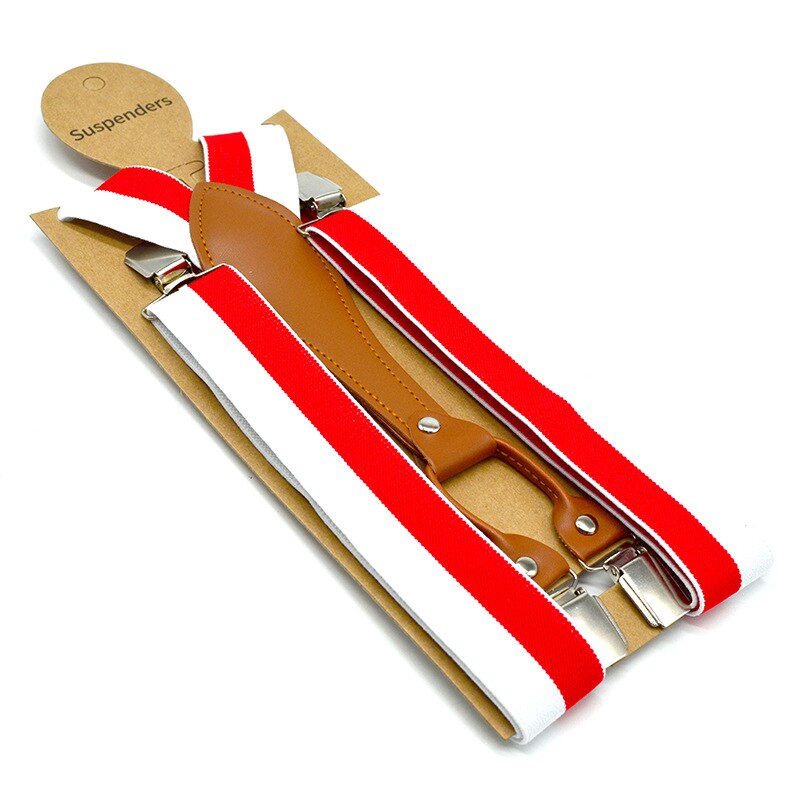 Showersmile stripe hängslen herr gröna byxbälten 3.5cm elastiska byxremmar 4 clips hängslen man gul röd blå: Röd vit
