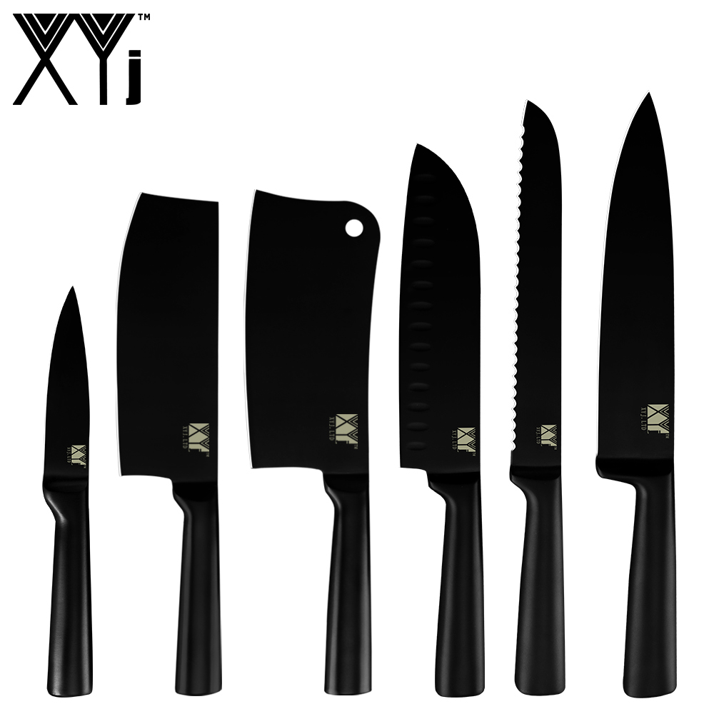 XYj 8pcs Stainless Steel Kitchen Knives Set Nonstick Black Blade Chef Slicing Santoku Bread