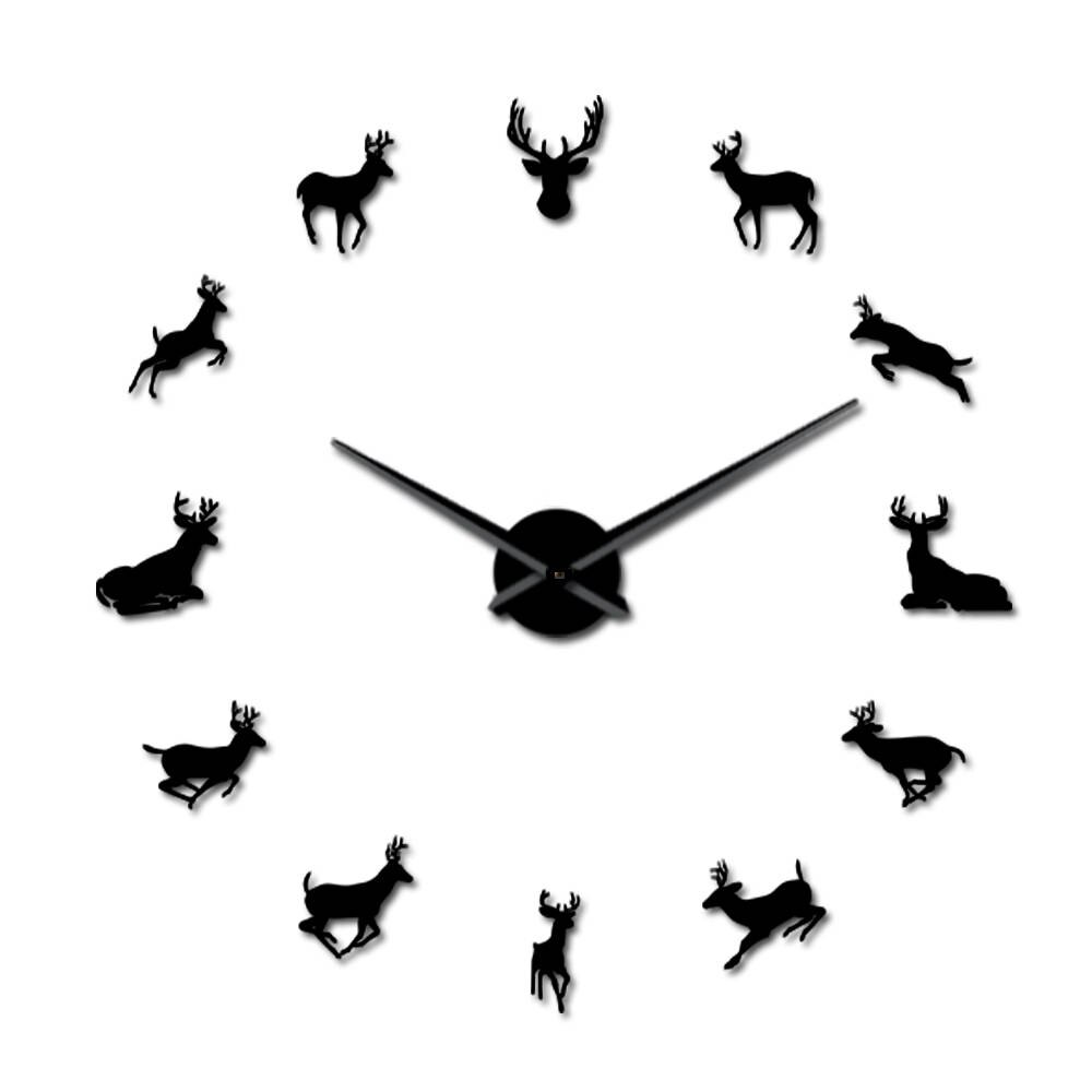Deer Head 3D DIY Giant Size Adjustable Wall Clock Modern Deer Antler Acrylic Mirror Effect Clock Watch Kit Decoration Room Decor: Black / 47inch